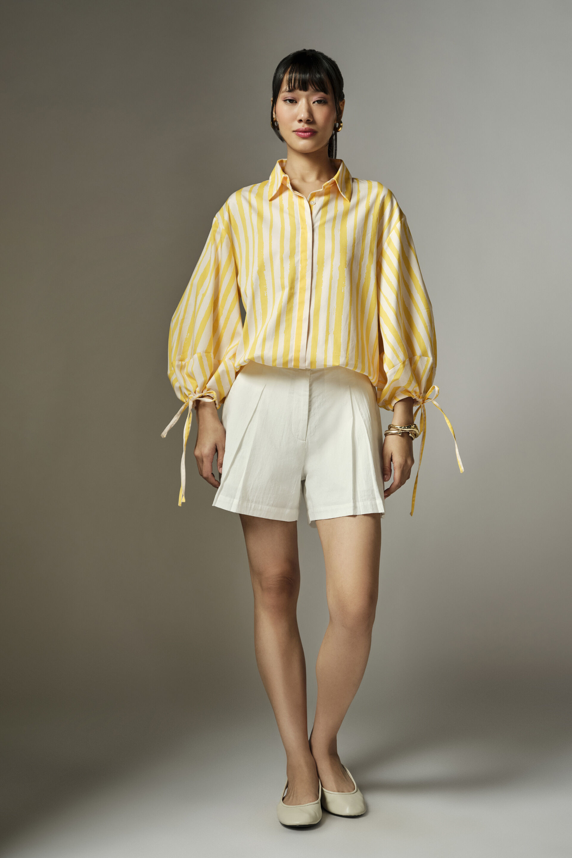 Karyne Striped Cotton Shirt, Yellow, image 4